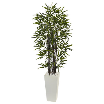 5.5' Black Bamboo Artificial Tree, White Tower Planter