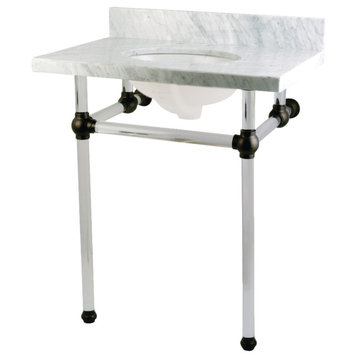 30X22 Marble Vanity Top w/Clear Acrylic Console Legs, Carrara Marble/Matte Black