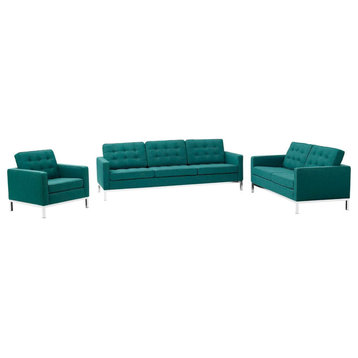 Fiona Teal 3 Piece Upholstered Fabric Sofa Loveseat And Armchair Set