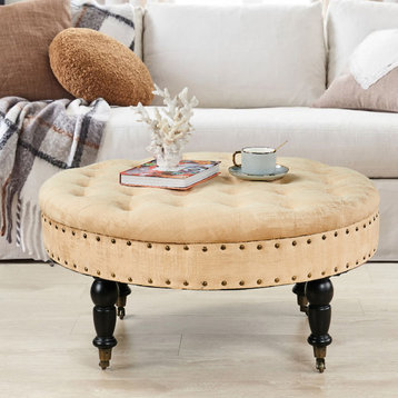 Textured Velvet Round Coffee Table, Almond Buff, 34''x34''x17''