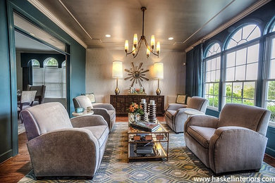 Example of a mid-sized transitional light wood floor living room design in Other with a bar and blue walls