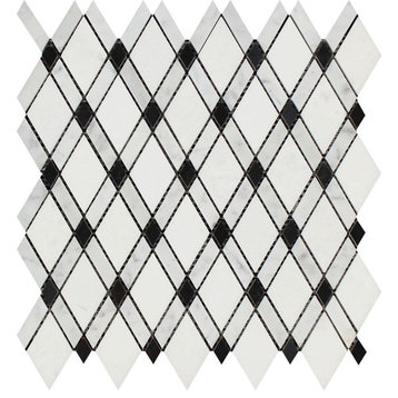 12"x12" Thassos Honed Marble Lattice Mosaic, Carrara, Black, Set of 50