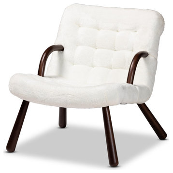 Eisa Modern White Sherpa Upholstered and Walnut Brown Finished Wood Accent Chair