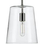 Progress Lighting - Clarion Collection Polished Nickel 1-Light Small Pendant - Who says you have to sacrifice forms for function? This versatile pendant features a simple, clear glass shade that embraces minimalist modernity and functional task lighting. The glass shade rests at the end of a sleek polished nickel bar that attaches to the ceiling. Each light fixture has a swivel at its base that makes it perfect for installing on flat or angled ceilings.
