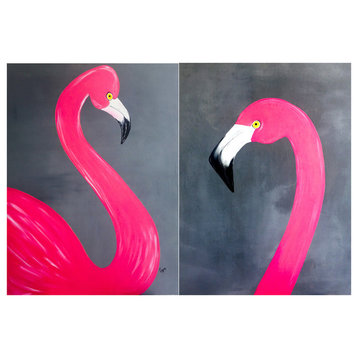 Pink Flamingo Painting, Original Diptych, Multi-Panel Art