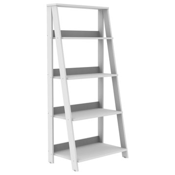 55" Wood Ladder Bookshelf, White