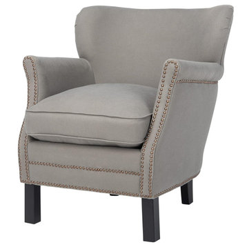 Traditional Armchair, Linen Upholstered Seat With Nailhead Trim Accent, Grey