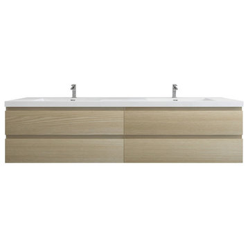 BTO 84" Wall Mounted Bath Vanity With Reinforced Acrylic Sink, Double Sink, White Oak