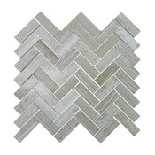 Polished Marble Herringbone Mosaic Tile, 12"x13", Travertine Gray, Sample