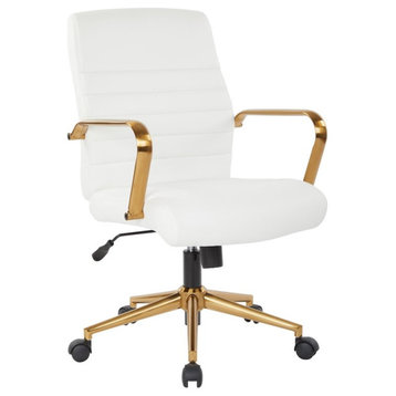 Mid-Back White Faux Leather Chair with Gold Finish Arms and Base K/D
