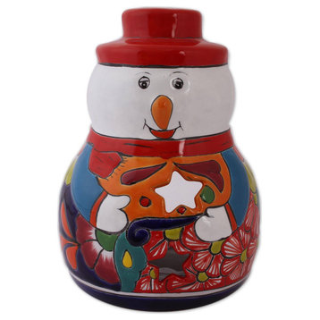 NOVICA Snowman Glow And Ceramic Candle Holder