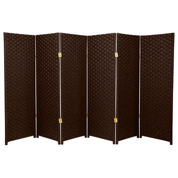 Traditional Room Divider, 6 Double Hinged Screens With Woven Pattern, Dark Mocha