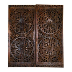 consigned 2 Pcs Vintage Wood Bohemian Lotus Mandala Carving Door Panel