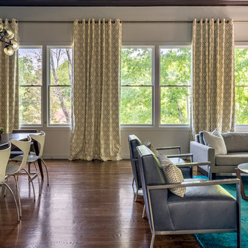Custom Drapes with Brass Return Rod and Sputnik Chandelier