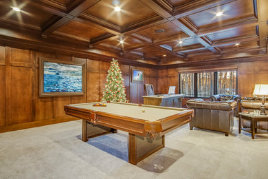 Inspiration for a large timeless enclosed carpeted and gray floor game room remodel in Grand Rapids with brown walls, no fireplace and a wall-mounted tv