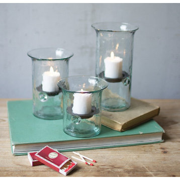 Recycled Glass Hurricane Votive Candle Holder 3-Piece Set Rustic Metal Insert