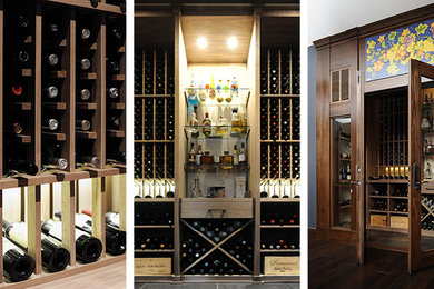 Mid-sized traditional wine cellar in Toronto with dark hardwood floors and storage racks.