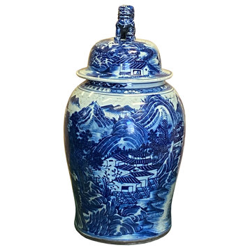 Chinese Large Blue & White Scenery Porcelain General Temple Jar Hws1438