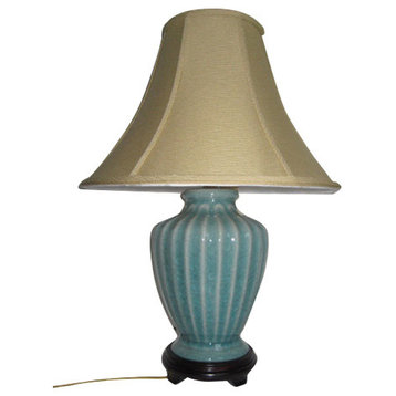 23" Oriental Porcelain Fluted Table Lamp, Rich Celadon Crackle Glaze