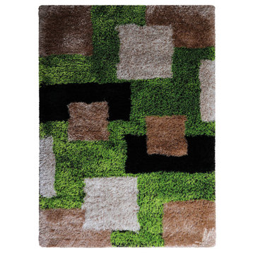 Hand Tufted Shag Polyester Area Rug Geometric Green Beige, [Rectangle] 5'x8'