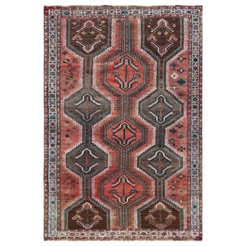 Vintage Hand Knotted Red Persian Qashqai Sheared Down Clean Wool Rug, 5'3"x7'10"