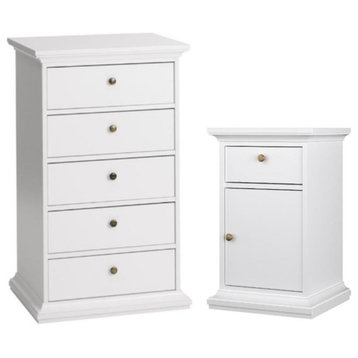 Home Square 2-Piece Set with 5 Drawer Lingere Chest and Nightstand in White