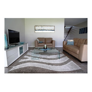 Large trendy open concept ceramic floor home theater photo in Newcastle - Maitland with gray walls