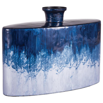 Enameled Modern Blue Iron Flat Flask Vase Ombre Bottle Contemporary Coastal