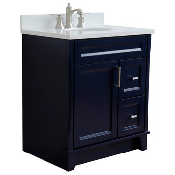 31" Single Sink Vanity, Blue Finish With White Quartz With Oval Sink