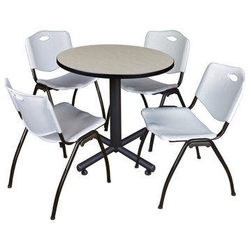 Kobe 30" Round Breakroom Table- Maple & 4 'M' Stack Chairs- Grey