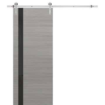 Barn Door 30 x 80, Planum 0040 Grey & Black Glass, Silver 6.6' Set