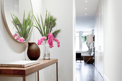 Design ideas for a contemporary hallway in New York with white walls and dark hardwood floors.