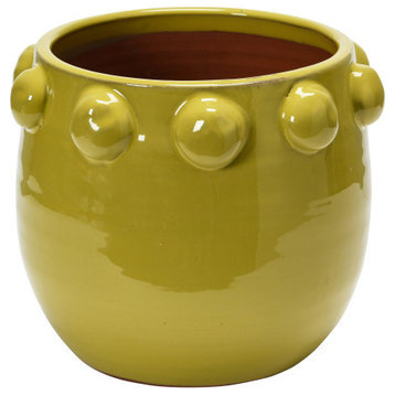 Round Terra-cotta Planter with Raised Dots, Chartreuse