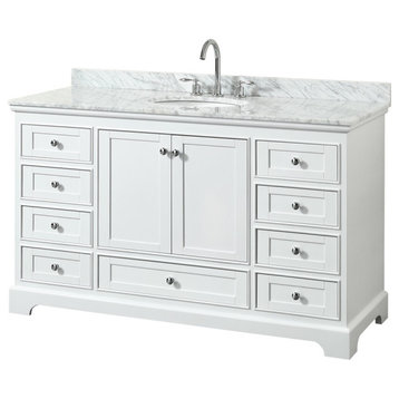 60" Single Bathroom Vanity, White, White Marble top, Oval Sink