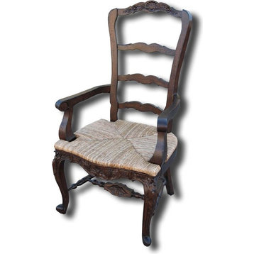 Dining Arm Chair French Country Tall Carved Wood  Handwoven Rattan