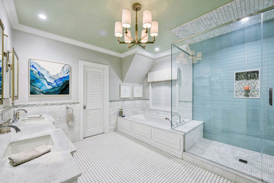 Inspiration for a large coastal master blue tile and glass tile porcelain tile and white floor corner shower remodel in New York with white cabinets, an undermount tub, gray walls, an undermount sink, granite countertops and a hinged shower door