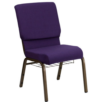 18.5''W Church Chair in Royal Purple Fabric,Cup Book Rack - Gold Vein Frame