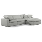 Meridian Furniture - Comfy Upholstered L-Shaped Modular Sectional, Grey, 4-Piece: 1 Armless Chair, 2 Corner Chair, 1 Ottoman, Linen Textured Fabric - Give your space a whole new look with this grey Comfy linen textured fabric sectional. This handsome sectional fits nicely with other items in the Comfy collection and is a versatile seating option designed for adaptability, comfort and style. Wrapped in rich grey durable linen textured fabric upholstery, this sectional offers a plush embrace of overstuffed down feather cushions, carefully crafted to deliver the highest level of comfort. The perfect seat for creating an oasis for relaxation, this sectional has thick foam surrounding its frame for added support and coziness.
