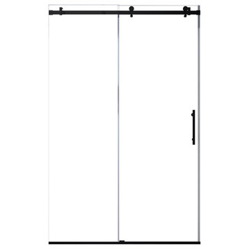 48x76 Single Sliding Frameless Clear Glass Shower Door, Black