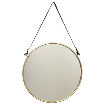 Round Metal/MDF Hanging Wall Mirror With Buckle Strap, Brushed Brass