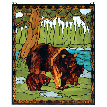 25W X 30H Brown Bear Stained Glass Window