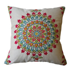 KH Window Fashions, Inc. - Embroidered Medallion Pillow, Pink/Turquoise/Gold/Lime, 18"x18", Without Insert - Decorative Pillows