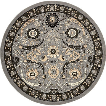 Country and Floral Kashan 8' Round Smoke Area Rug