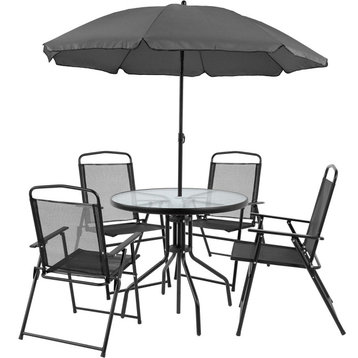 6 Pieces Patio Set, Round Glass Tabletop With Foldable Chairs & Umbrella, Black