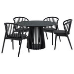 Armen Living - Pasadena Echo 5-Piece Round Dining Set, Black Oak Finish With Black Faux Leather - Enhance your dining space with the Pasadena Echo 5 Piece Round Dining Set. This 5-piece dining set includes 1 Pasadena round dining table, and 4 Echo dining chairs with faux leather upholstery. The versatile chairs merge style and functionality, making them a perfect addition to your dining room, kitchen, or even as accent pieces throughout your home. Crafted with precision and a keen eye for detail, the Echo dining chairs showcase a stunning combination of wood and easily maintained faux leather upholstery. The Windsor style chair back and angular frame creates a timeless silhouette. This modern design not only guarantees durability but also imparts a timeless aesthetic, making these chairs an ideal choice for those seeking a cohesive and refined furniture set. The round shape of the table brings a touch of sophistication, creating a dynamic focal point for gatherings in your dining room. The compact 47-inch size makes it an ideal choice for those seeking a small dining table without compromising on style. Its versatility extends beyond the dining room, seamlessly integrating into kitchens as a modern kitchen table. The retro allure of mid-century design is present in the slatted pedestal base, further elevating its appeal, whilst lending its unmistakable character and attractive, architectural-like quality. This 5-piece dining set is available in multiple color variations including: an all-black finish table with either walnut or black finish chairs and black faux leather upholstery, or a walnut table top and black finish table with walnut chairs and black faux leather upholstery.