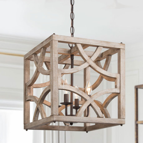 LNC Farmhouse 4-Light Cage Wood Chandelier, Kitchen Island Light