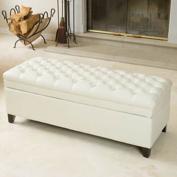Contemporary Living Space w/ Ivory Leather Storage Ottoman