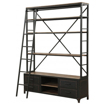 83" Dark Gray Metal and Wood Five Tier Oversized set Bookcase with Four drawers
