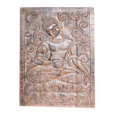 Consigned Indian Vintage Sitting Buddha Wall Panel Hand Carved Wooden Wall Decor