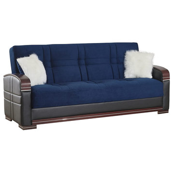 Modern Sleeper Sofa, Faux Leather Exterior and Padded Velvet Seat, Black/Blue